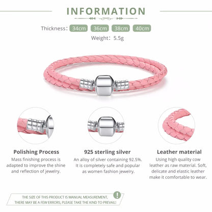 Genuine Long Double Pink Black Braided Leather Chain Women Bracelets with 925 Sterling Silver Snake Clasp PAS908