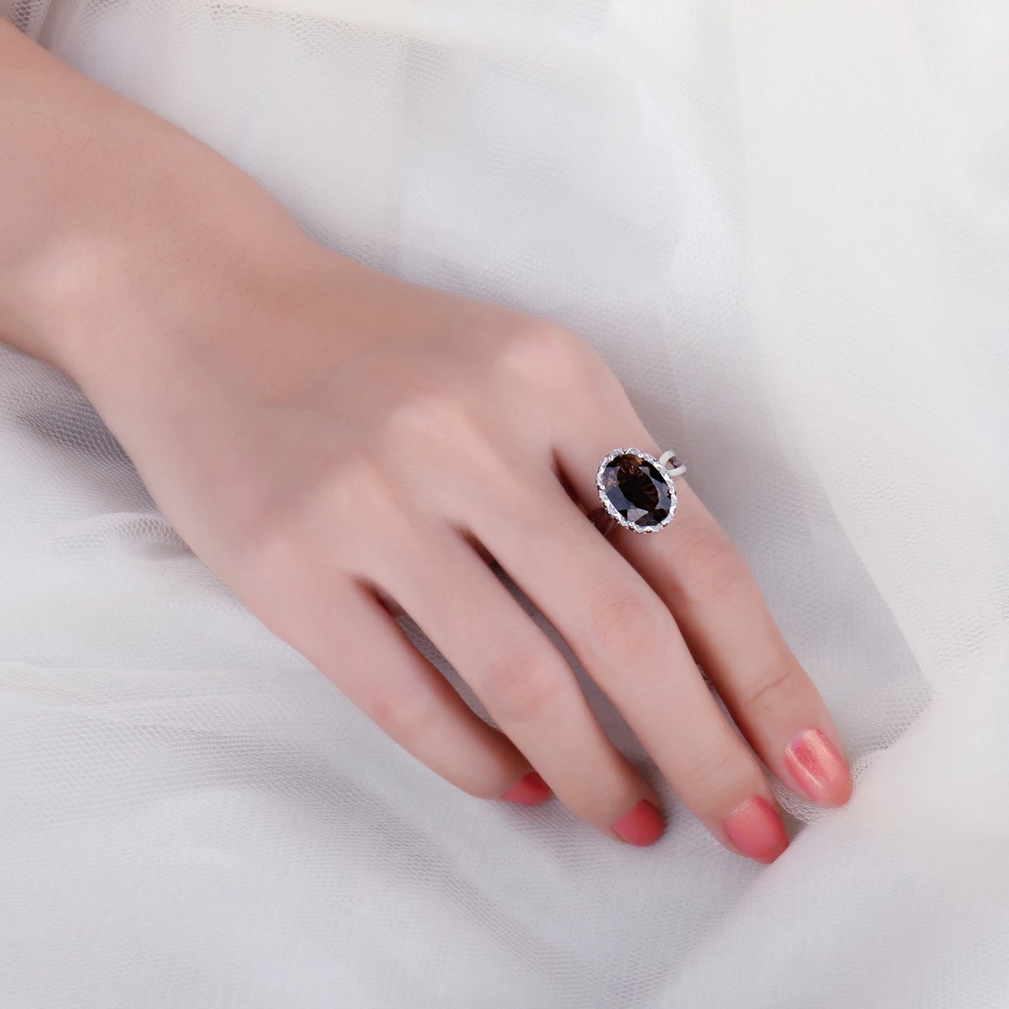 Large 5.7ct Genuine Oval Smoky Quartz 925 Sterling Silver Big Gemstone Cocktail Statement Rings for Women Jewelry