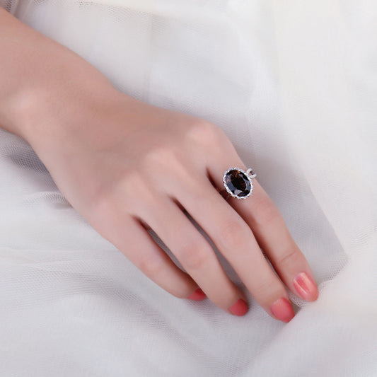 Large 5.7ct Genuine Oval Smoky Quartz 925 Sterling Silver Big Gemstone Cocktail Statement Rings for Women Jewelry