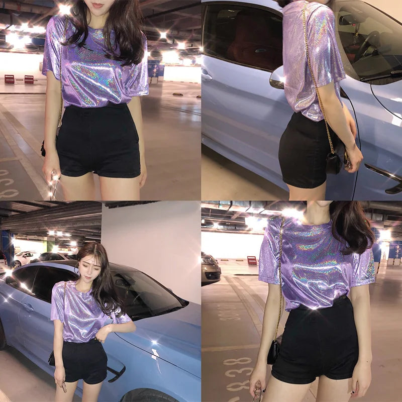 Summer woman tops shiny loose short sleeve t-shirt sexy club aesthetic harajuku women stylish bright silk tshirt