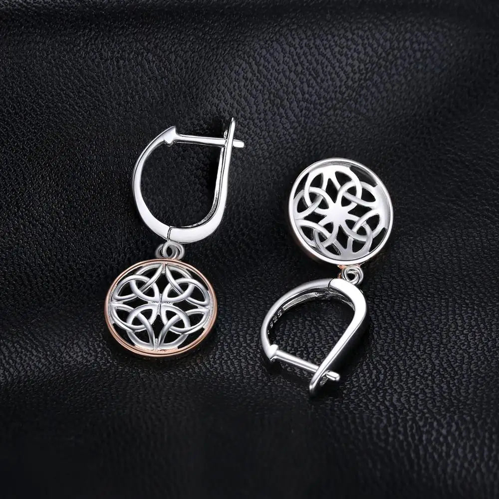 Celtic Knot Irish Rose Gold 925 Sterling Silver Hoop Drop Earrings for Women Fashion Circle Huggies Earrings