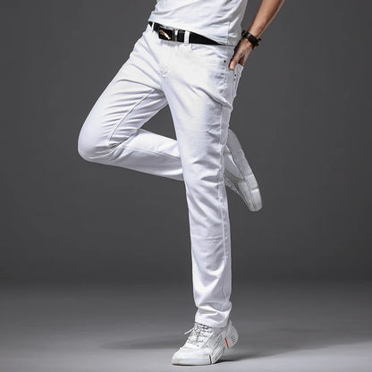 Men White Jeans Fashion Casual Classic Style Slim Fit Soft Trousers Male Advanced Stretch Pants