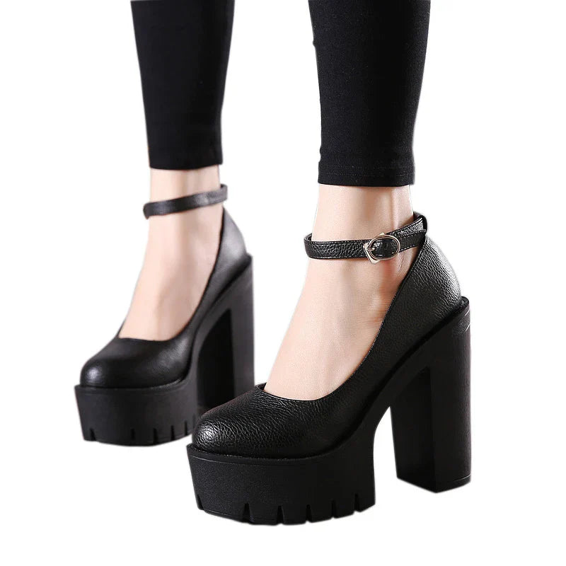 spring autumn casual high-heeled shoes sexy ruslana korshunova thick heels platform pumps Mary Janes Black White Size 42