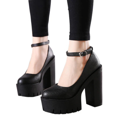 spring autumn casual high-heeled shoes sexy ruslana korshunova thick heels platform pumps Mary Janes Black White Size 42