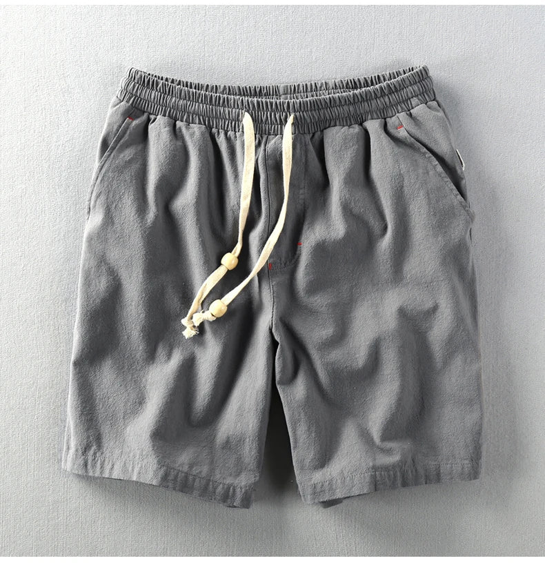 Summer Men Casual Cotton Linen Shorts Knee Length Beach Elastic Waist Shorts Solid Color Comfortable Pants New