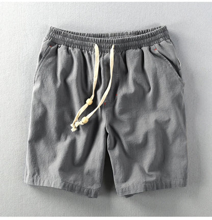 Summer Men Casual Cotton Linen Shorts Knee Length Beach Elastic Waist Shorts Solid Color Comfortable Pants New