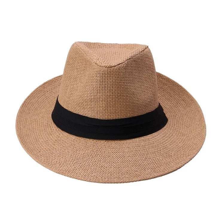 Fashion Summer Casual Unisex Beach Trilby Large Brim Jazz Sun Hat Panama Hat Paper Straw Women Men Cap With Black  Ribbon