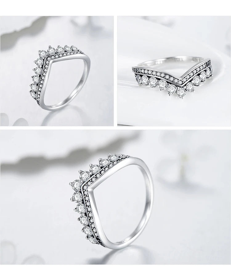 Fashion 100% Real 925 Sterling Zircon Crown Finger Ring Classic Stackable Silver Jewelry For Women Wedding Christmas Gift