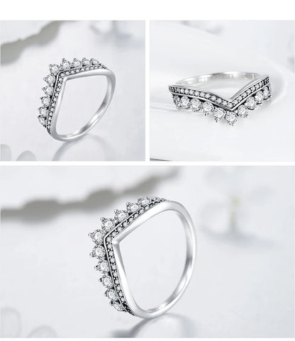 Fashion 100% Real 925 Sterling Zircon Crown Finger Ring Classic Stackable Silver Jewelry For Women Wedding Christmas Gift