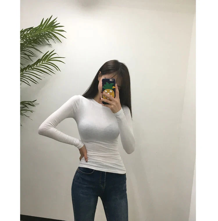 T Shirt Korean Style Slim T-shirts 2026 Sexy Tshirts Cotton Long Sleeve Summer Tops Tee Shirt Femme Khaki Blue White Black