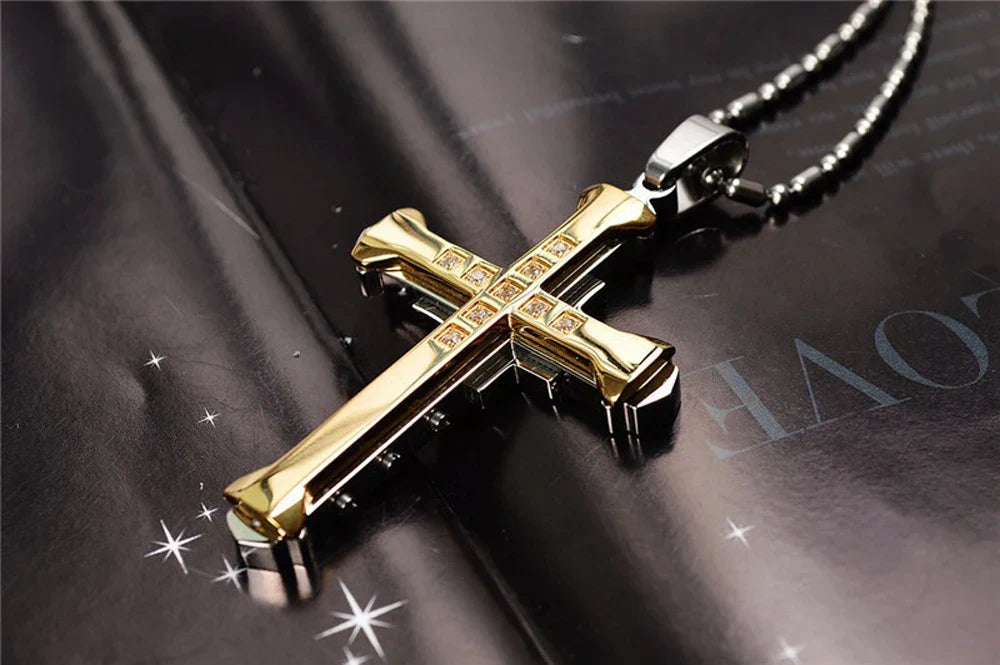 Male Crystal Cross Jesus Pendant Gold/Black/Blue Color Zirconia Necklace Stainless Steel Jewelry