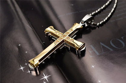 Male Crystal Cross Jesus Pendant Gold/Black/Blue Color Zirconia Necklace Stainless Steel Jewelry