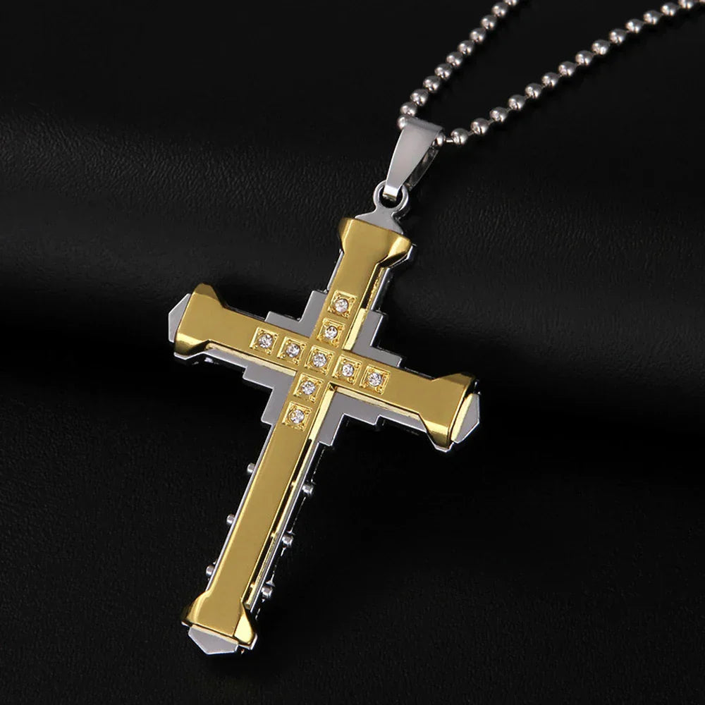 Male Crystal Cross Jesus Pendant Gold/Black/Blue Color Zirconia Necklace Stainless Steel Jewelry
