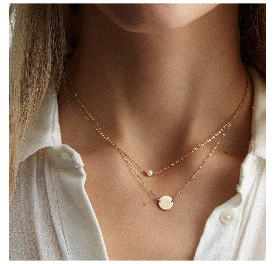 e-Manco Stainless Steel Choker imitated  Pearl Necklaces for Women Gold Color Layered Chain Necklace Jewelry