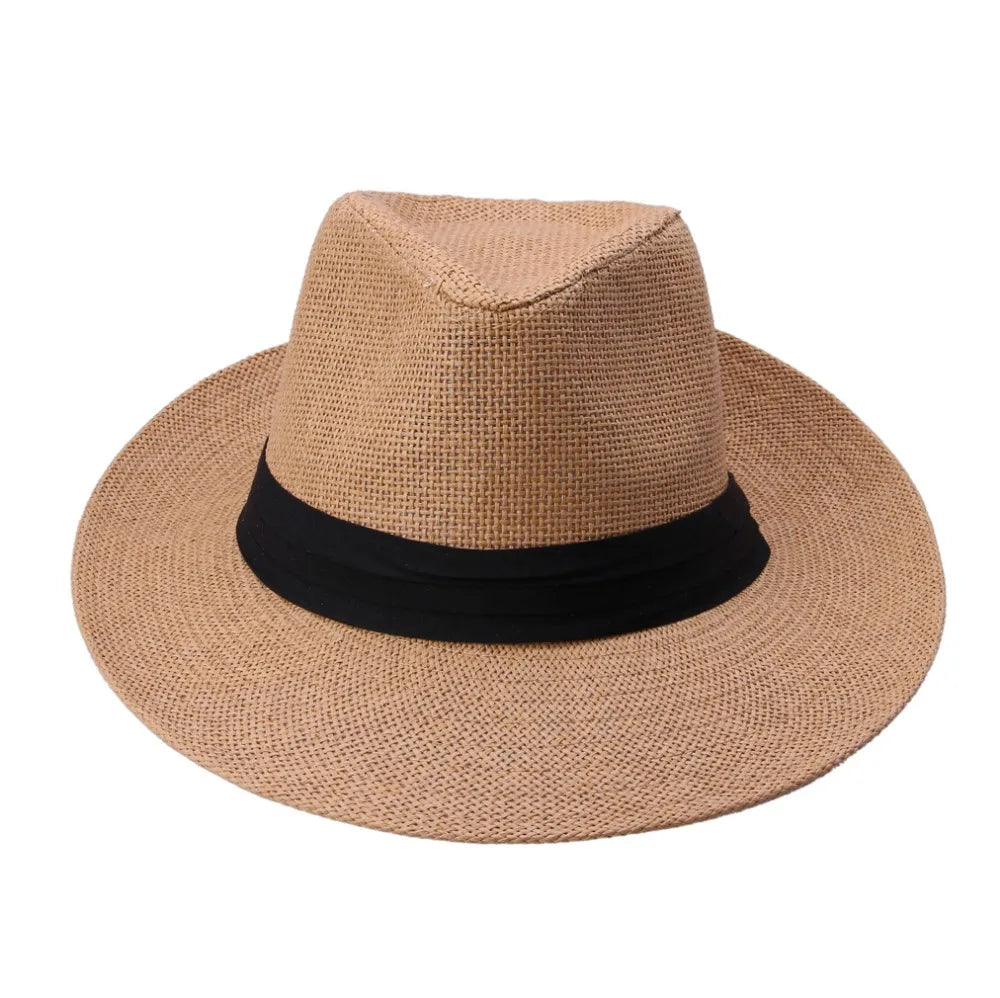 Fashion Summer Casual Unisex Beach Trilby Large Brim Jazz Sun Hat Panama Hat Paper Straw Women Men Cap With Black  Ribbon
