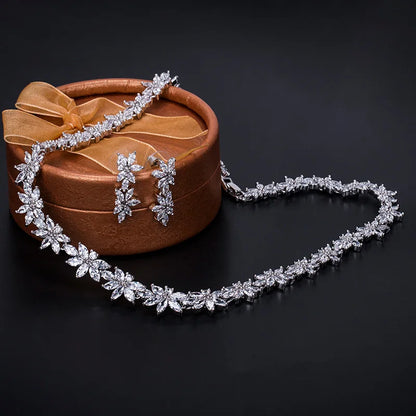 Marquise Floral Cubic Zirconia CZ Crystal Necklace and Earring Wedding Bridal Jewelry Sets