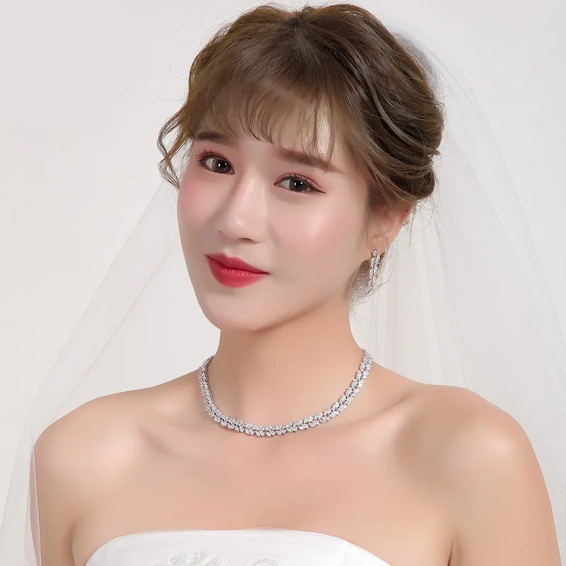 Marquise Cut Cubic Zirconia Tennis Necklace and Earring Elegant Wedding Bridal Jewelry Set