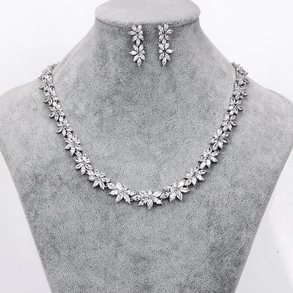 Marquise Floral Cubic Zirconia CZ Crystal Necklace and Earring Wedding Bridal Jewelry Sets