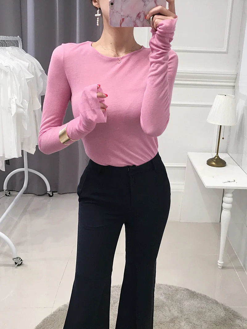 Shirt Women T-Shirt Long Sleeve Korean Style Slim Basic Elasticity Tshirt Top Womens Clothing T Shirt Femme