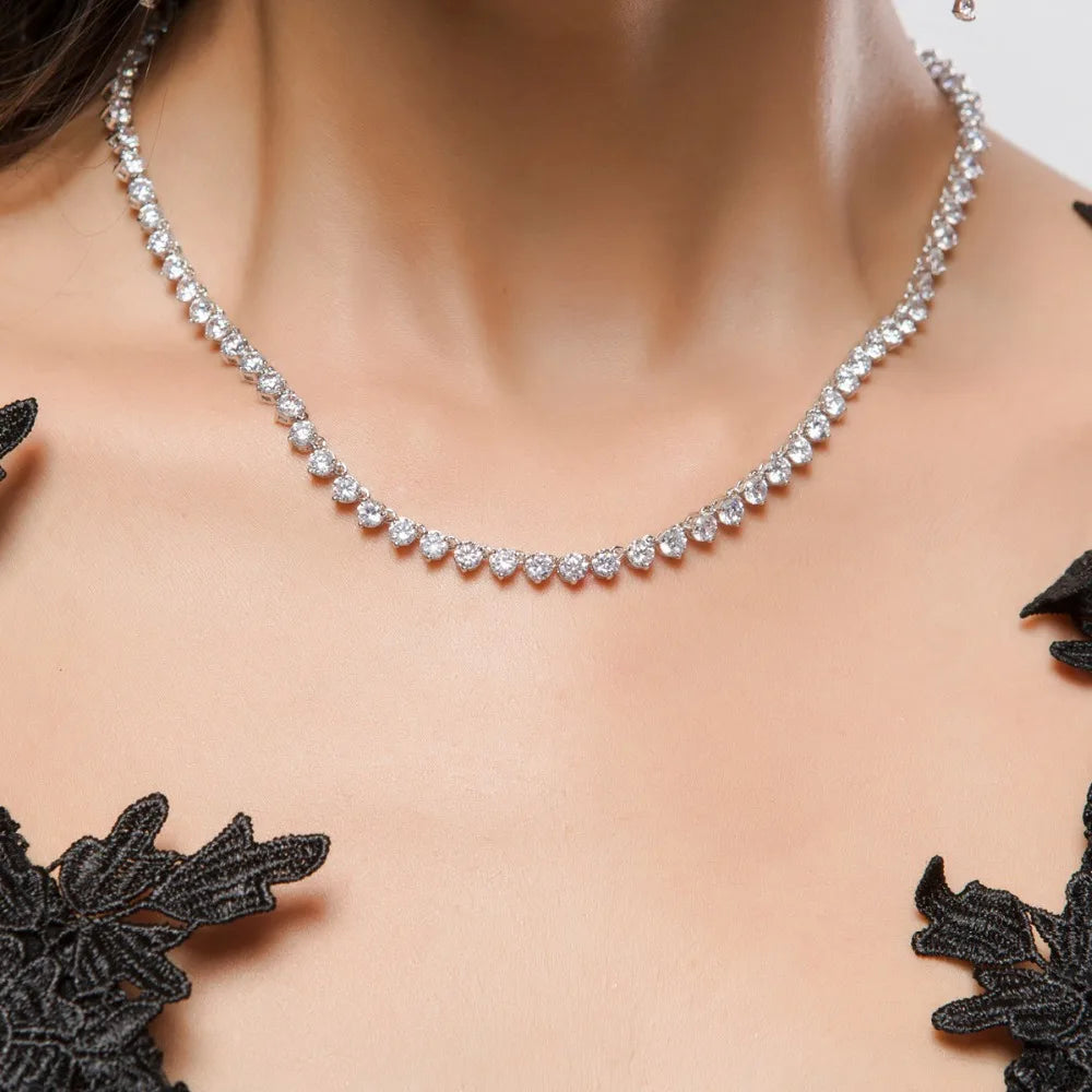 Silver Color 3 Prong Round Cubic Zirconia Necklace Earring Bridal Jewelry Set Simple Design Bride Wedding Accessories