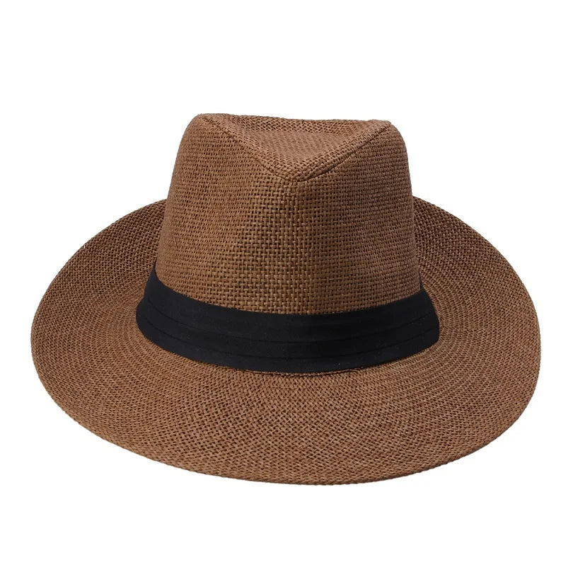Fashion Summer Casual Unisex Beach Trilby Large Brim Jazz Sun Hat Panama Hat Paper Straw Women Men Cap With Black  Ribbon