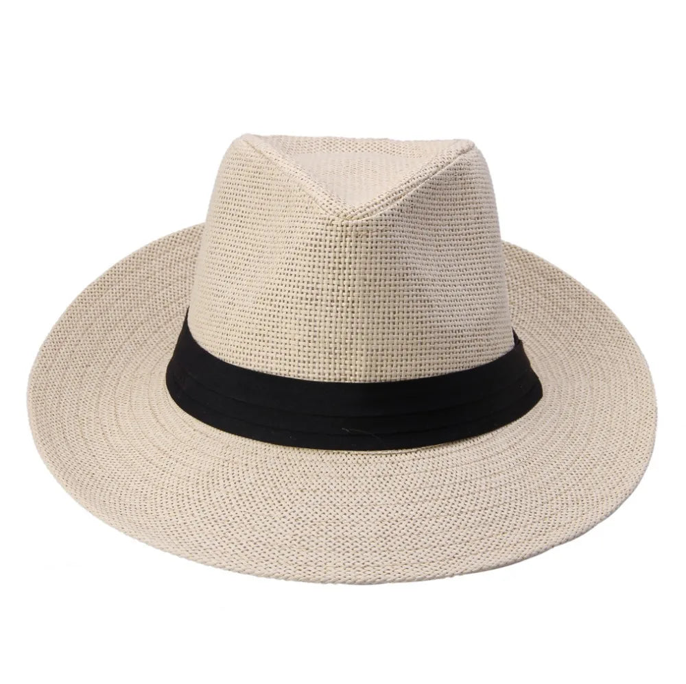 Fashion Summer Casual Unisex Beach Trilby Large Brim Jazz Sun Hat Panama Hat Paper Straw Women Men Cap With Black  Ribbon
