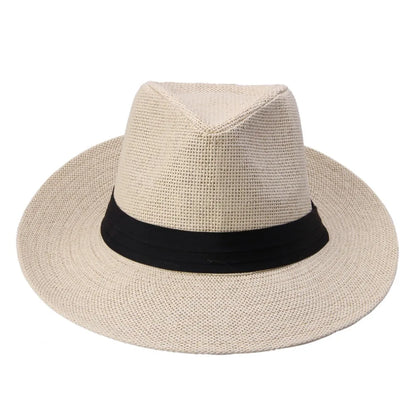 Fashion Summer Casual Unisex Beach Trilby Large Brim Jazz Sun Hat Panama Hat Paper Straw Women Men Cap With Black  Ribbon