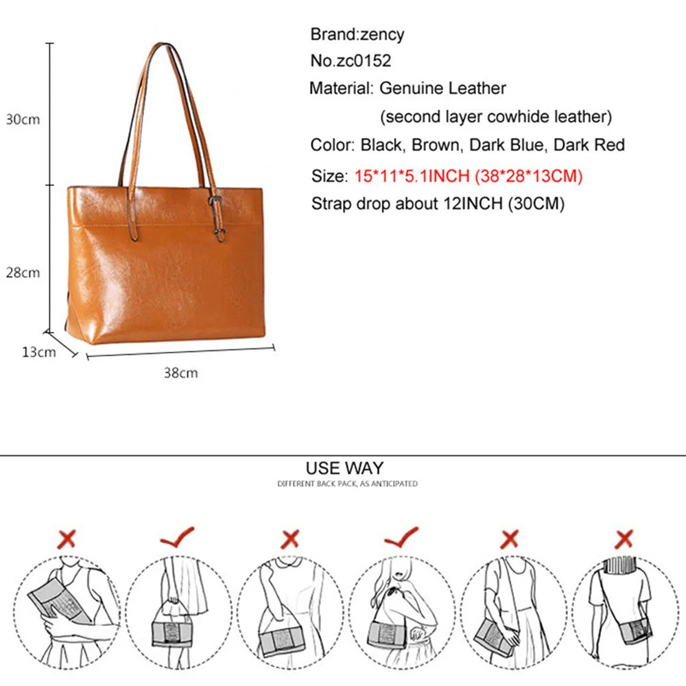 Brown Women Handbag 100% Genuine Leather Female Shoulder Purse Ladies Black Tote Bag Large Capacity Shopping Bags