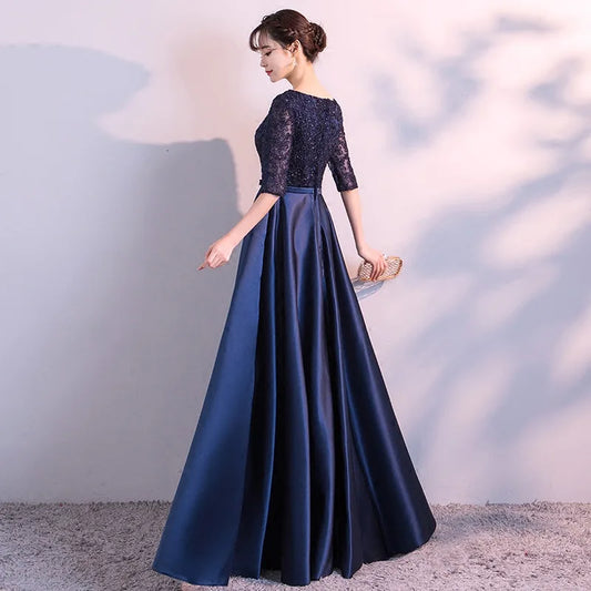 New 2025 Long Formal Evening Dresses Elegant Lace Satin Navy Blue Vestidos Para Mujer Women Party Gown