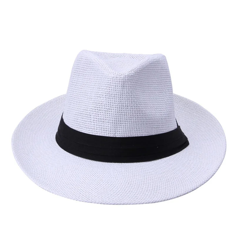 Fashion Summer Casual Unisex Beach Trilby Large Brim Jazz Sun Hat Panama Hat Paper Straw Women Men Cap With Black  Ribbon