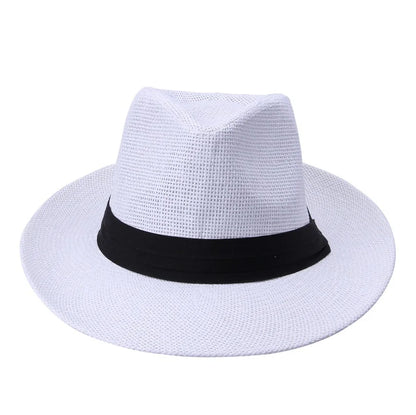 Fashion Summer Casual Unisex Beach Trilby Large Brim Jazz Sun Hat Panama Hat Paper Straw Women Men Cap With Black  Ribbon