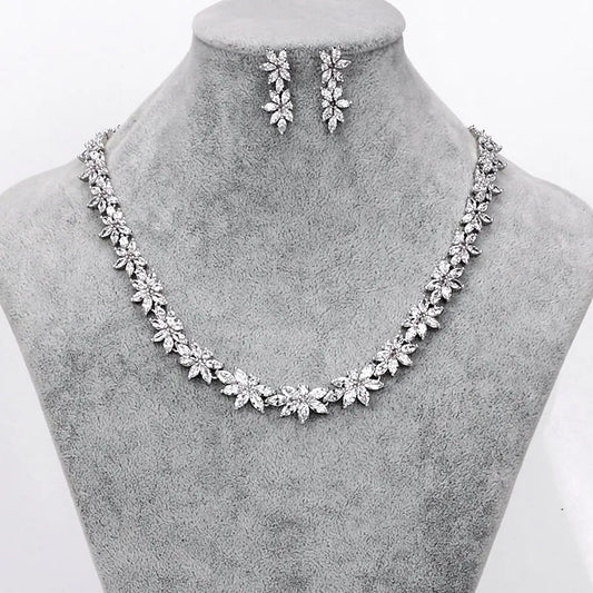 Marquise Floral Cubic Zirconia CZ Crystal Necklace and Earring Wedding Bridal Jewelry Sets