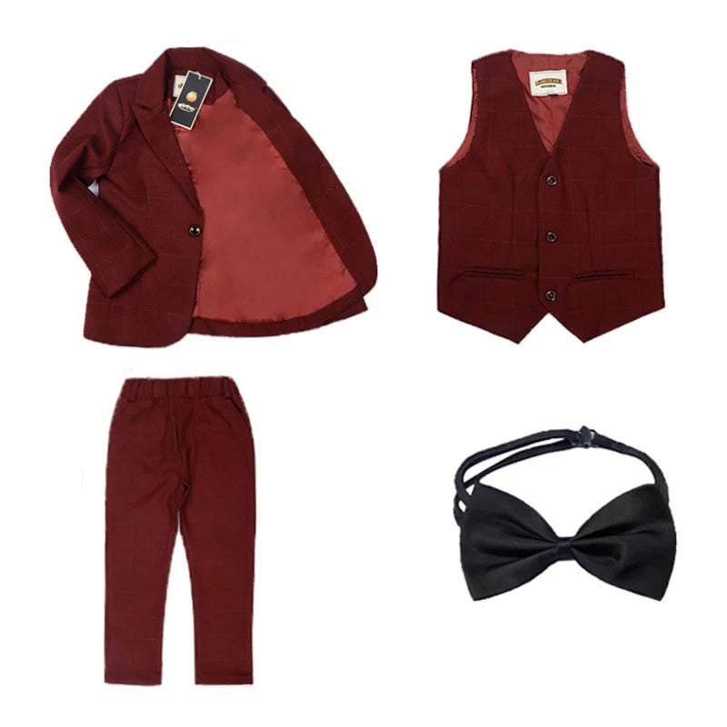 Flower Boys Formal Blazer Suit Kids Jacket Vest Pants Tie 4Pcs Wedding Tuxedo Set Children Prom Costume Performance Dress