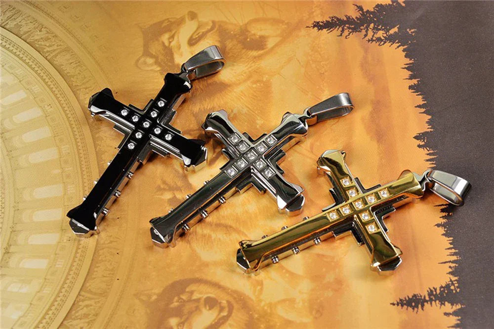 Male Crystal Cross Jesus Pendant Gold/Black/Blue Color Zirconia Necklace Stainless Steel Jewelry
