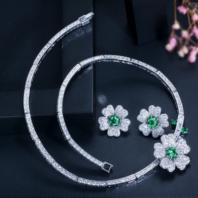 Druzy CZ Stone Big Red Flower Wedding Bridal Choker Necklace and Earrings Party Costume Jewelry Sets for Brides T0518