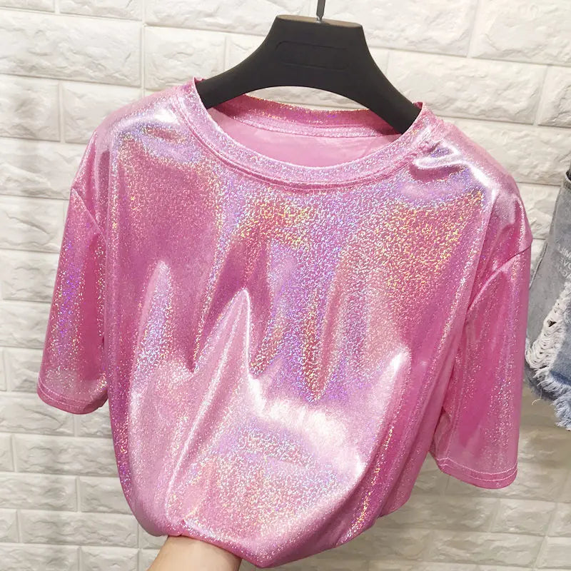 Summer woman tops shiny loose short sleeve t-shirt sexy club aesthetic harajuku women stylish bright silk tshirt