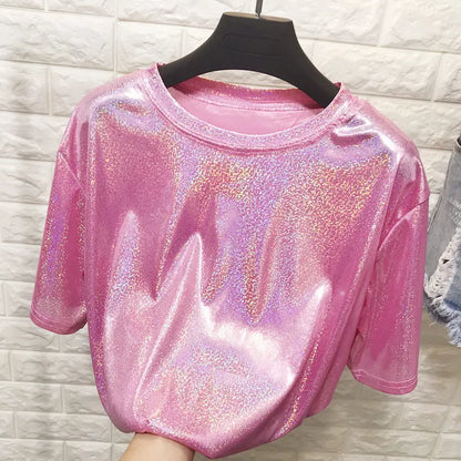 Summer woman tops shiny loose short sleeve t-shirt sexy club aesthetic harajuku women stylish bright silk tshirt