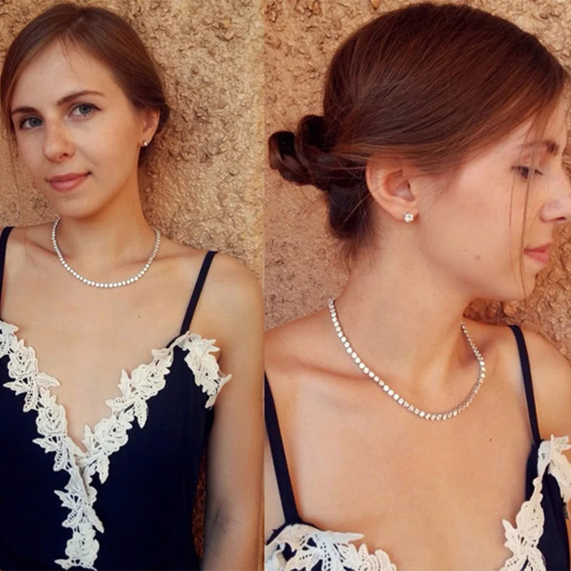 Silver Color 3 Prong Round Cubic Zirconia Necklace Earring Bridal Jewelry Set Simple Design Bride Wedding Accessories