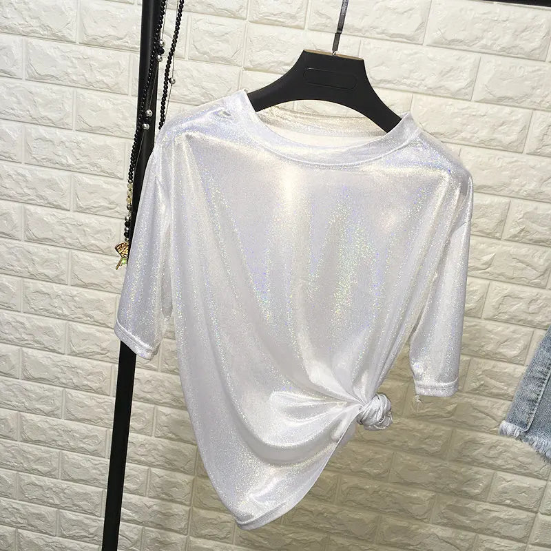 Summer woman tops shiny loose short sleeve t-shirt sexy club aesthetic harajuku women stylish bright silk tshirt