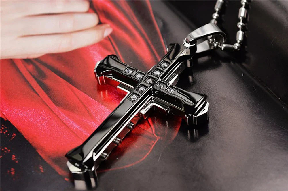 Male Crystal Cross Jesus Pendant Gold/Black/Blue Color Zirconia Necklace Stainless Steel Jewelry