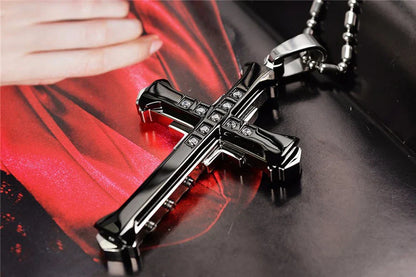 Male Crystal Cross Jesus Pendant Gold/Black/Blue Color Zirconia Necklace Stainless Steel Jewelry