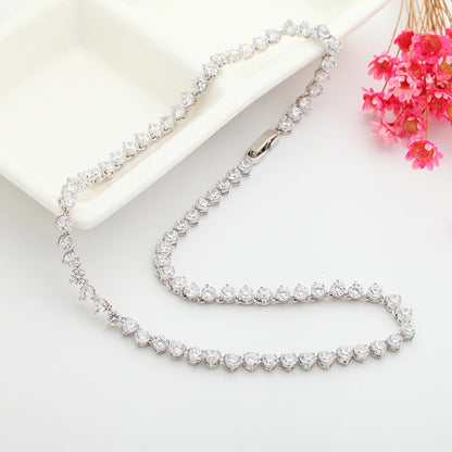 Silver Color 3 Prong Round Cubic Zirconia Necklace Earring Bridal Jewelry Set Simple Design Bride Wedding Accessories