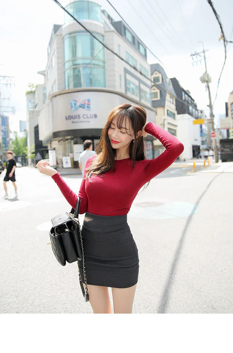 T Shirt Korean Style Slim T-shirts 2026 Sexy Tshirts Cotton Long Sleeve Summer Tops Tee Shirt Femme Khaki Blue White Black