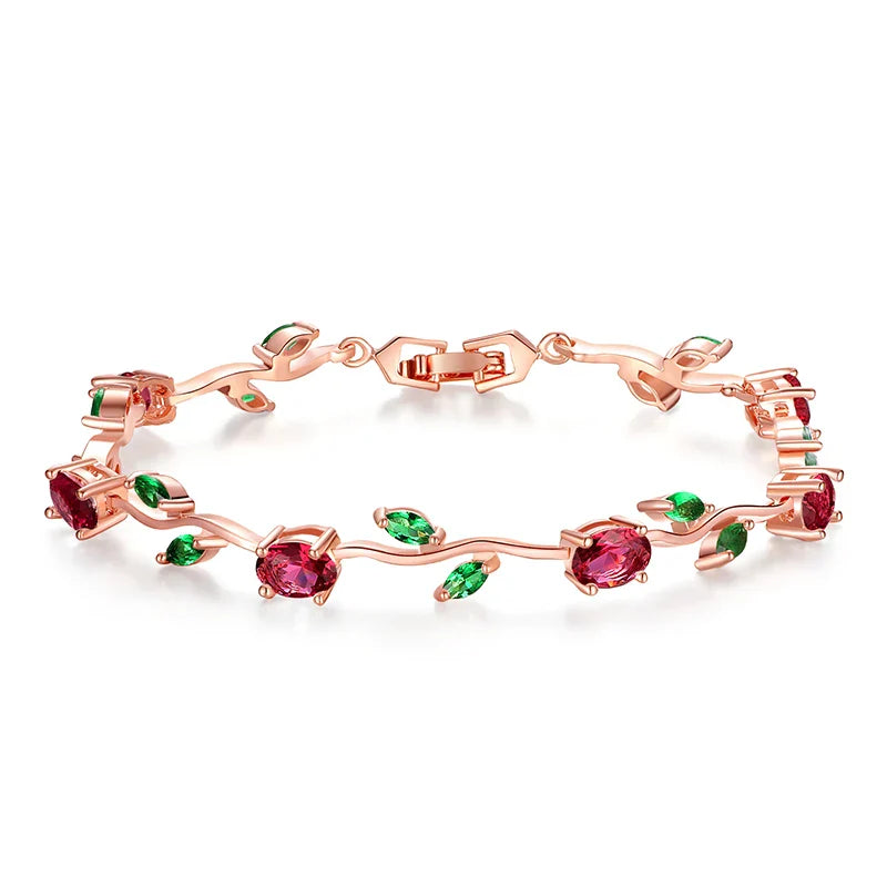 Rose Gold Color Leaf Chain & Link Bracelet with Red + Green AAA Zircon for Mother Gifts Jewelry JIB072