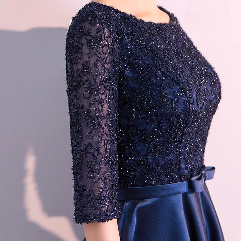 New 2025 Long Formal Evening Dresses Elegant Lace Satin Navy Blue Vestidos Para Mujer Women Party Gown