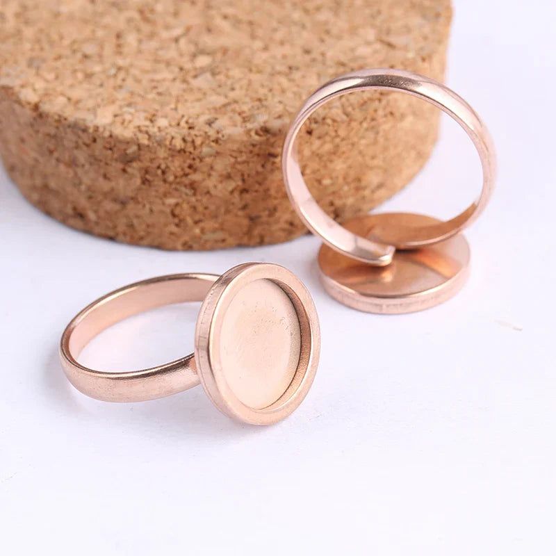 10pcs rose gold plated Fitting 12mm round cabochon ring blanks adjustable stainless steel base setting diy jewelry bezels