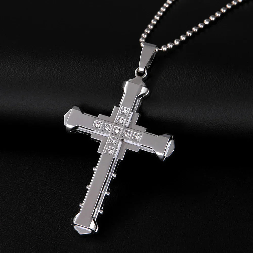 Male Crystal Cross Jesus Pendant Gold/Black/Blue Color Zirconia Necklace Stainless Steel Jewelry