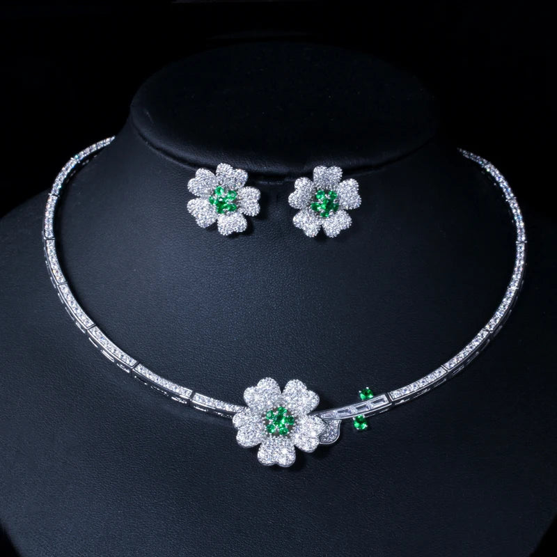 Druzy CZ Stone Big Red Flower Wedding Bridal Choker Necklace and Earrings Party Costume Jewelry Sets for Brides T0518