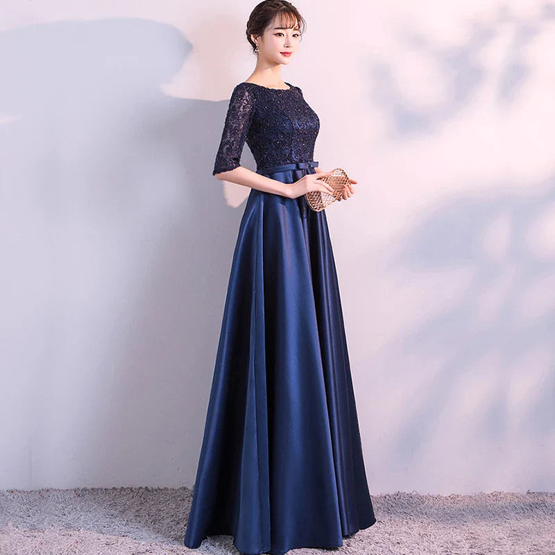 New 2025 Long Formal Evening Dresses Elegant Lace Satin Navy Blue Vestidos Para Mujer Women Party Gown