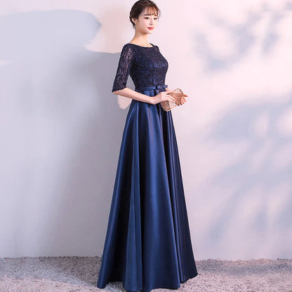 New 2025 Long Formal Evening Dresses Elegant Lace Satin Navy Blue Vestidos Para Mujer Women Party Gown